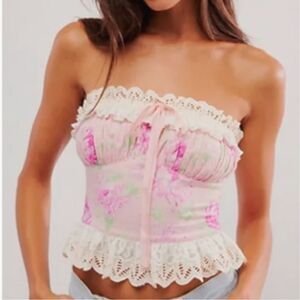 Free People Dolly Tube Cropped Top Pink Floral Smocked Ruched Lace L NWT $128